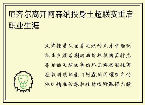 厄齐尔离开阿森纳投身土超联赛重启职业生涯