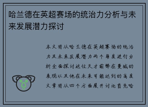 哈兰德在英超赛场的统治力分析与未来发展潜力探讨
