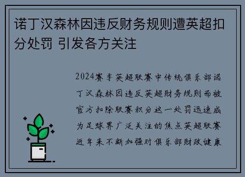 诺丁汉森林因违反财务规则遭英超扣分处罚 引发各方关注 诺丁汉森林因违反财务规则遭英超扣分处罚 引发各方关注